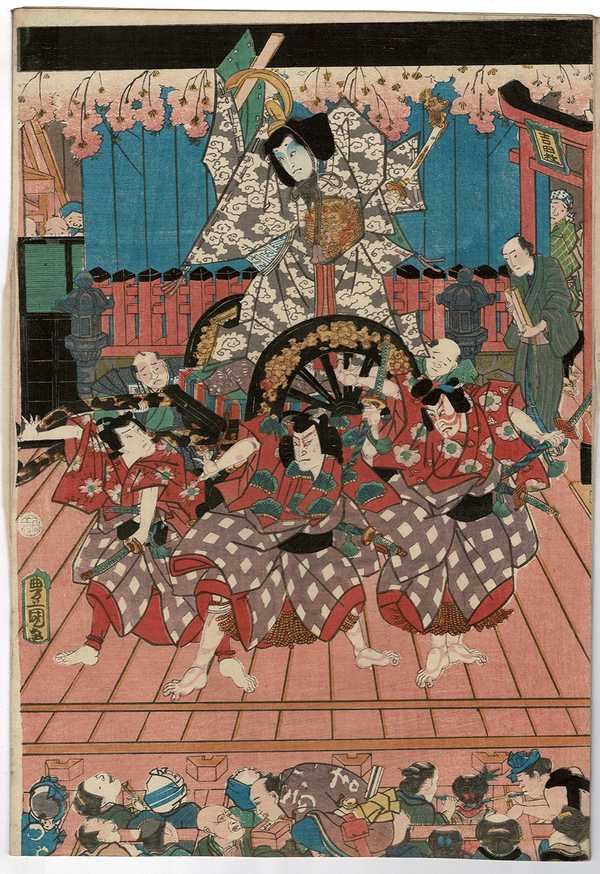 “The Cart Scene from Triptych shows “The Cart Scene” from the play Sugawara Denju Tenarai Kagami, at the Kawarazaki Theater, 1859, center panel